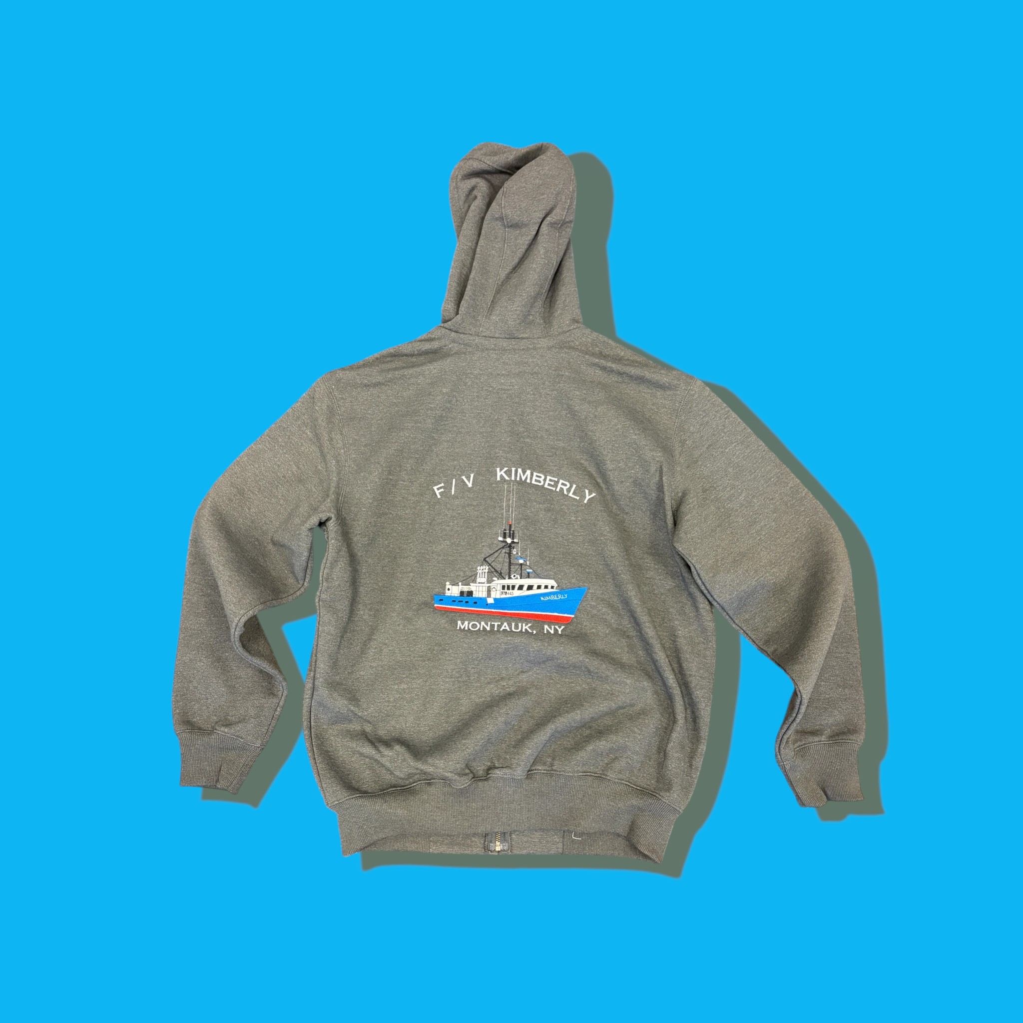 Hoodie with a full-back custom embroidered F/V Kimberly Montauk design