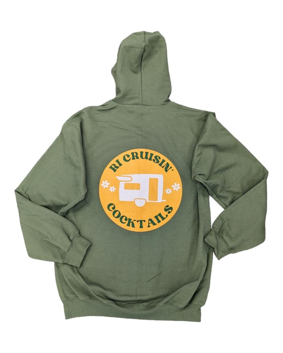 Custom design screen printed on the back of an olive green hoodie