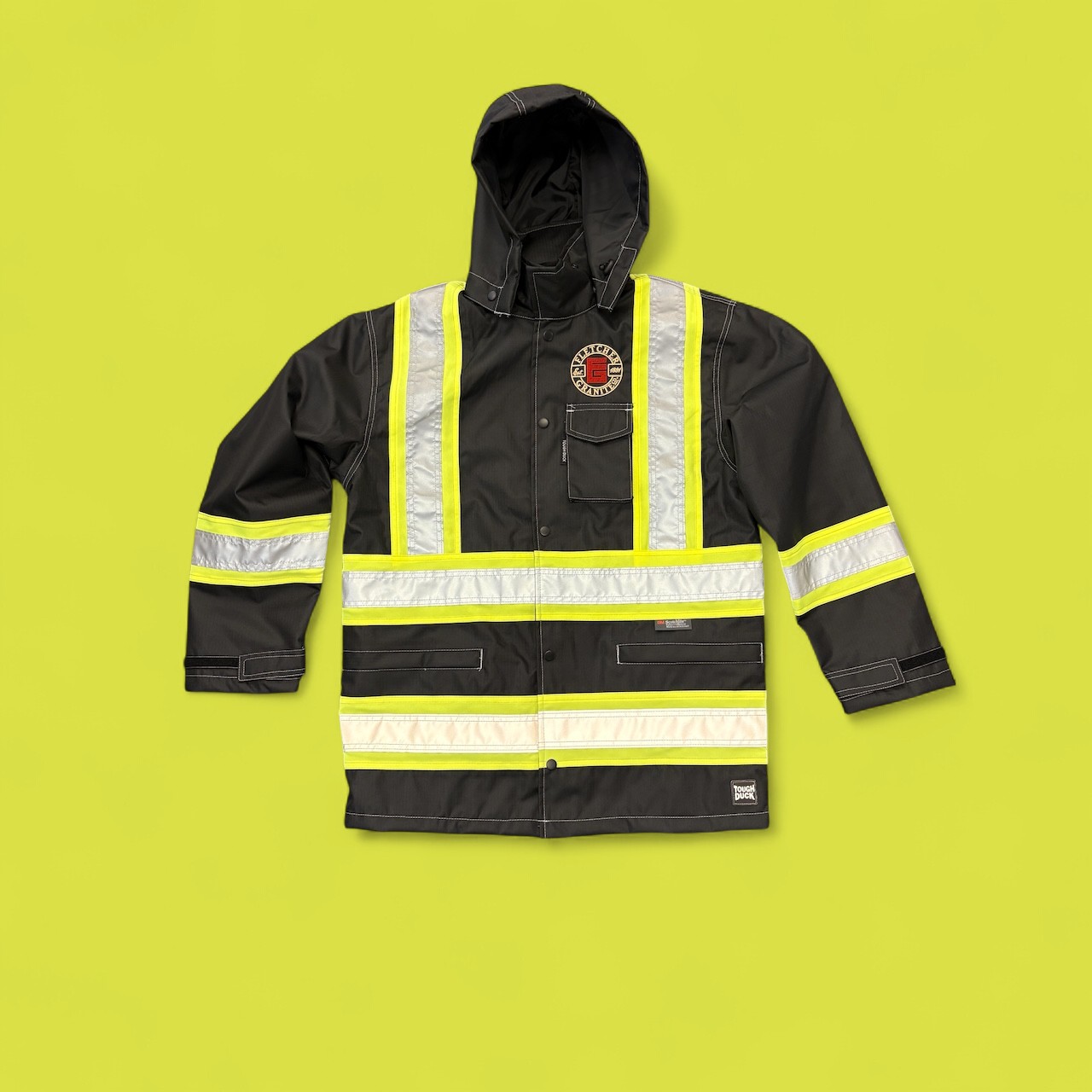 Hi-vis safety jacket custom embroidered with the Fletcher Granite logo