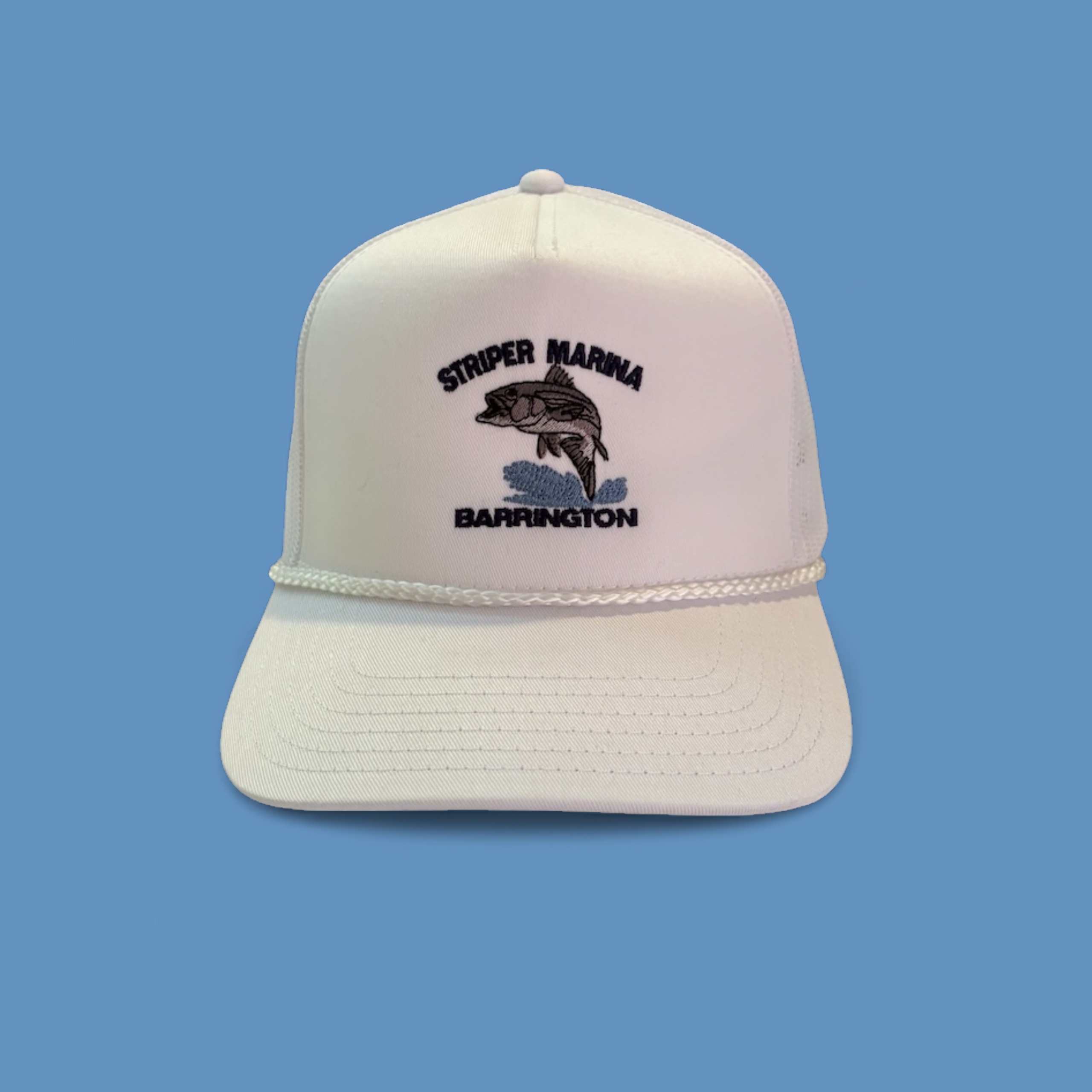 Hat custom embroidered with the Striper Marina, Barrington logo